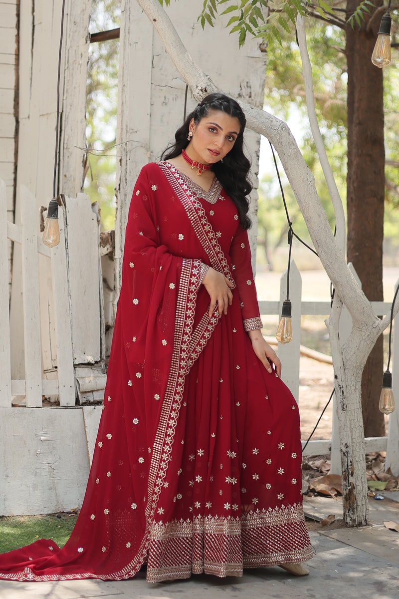 Faux Blooming Maroon Gown with Sequins & Arco-Cut Work Dupatta – Elegant Full-Sleeve Flair