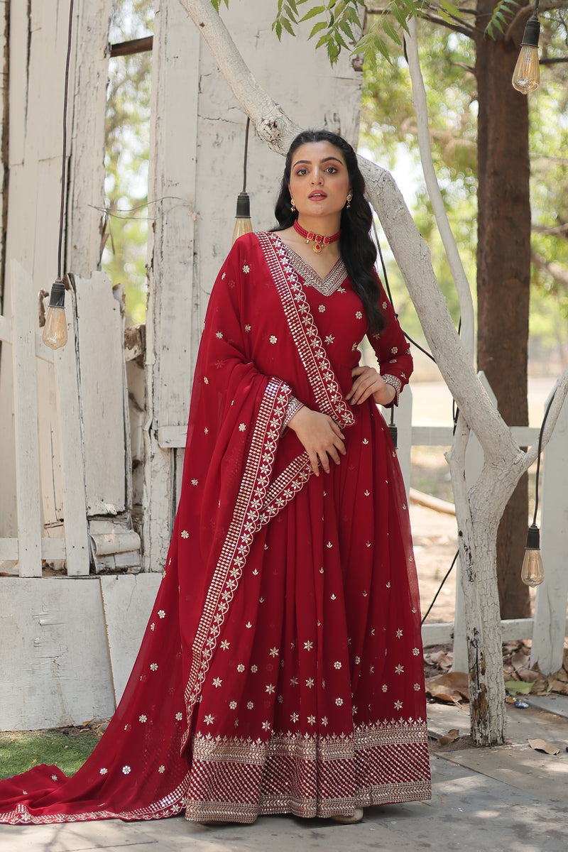 Faux Blooming Maroon Gown with Sequins & Arco-Cut Work Dupatta – Elegant Full-Sleeve Flair