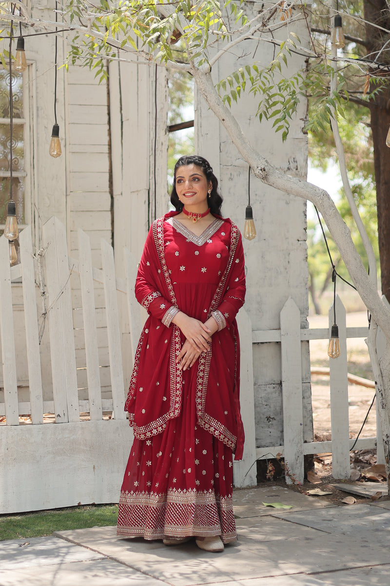 Faux Blooming Maroon Gown with Sequins & Arco-Cut Work Dupatta – Elegant Full-Sleeve Flair