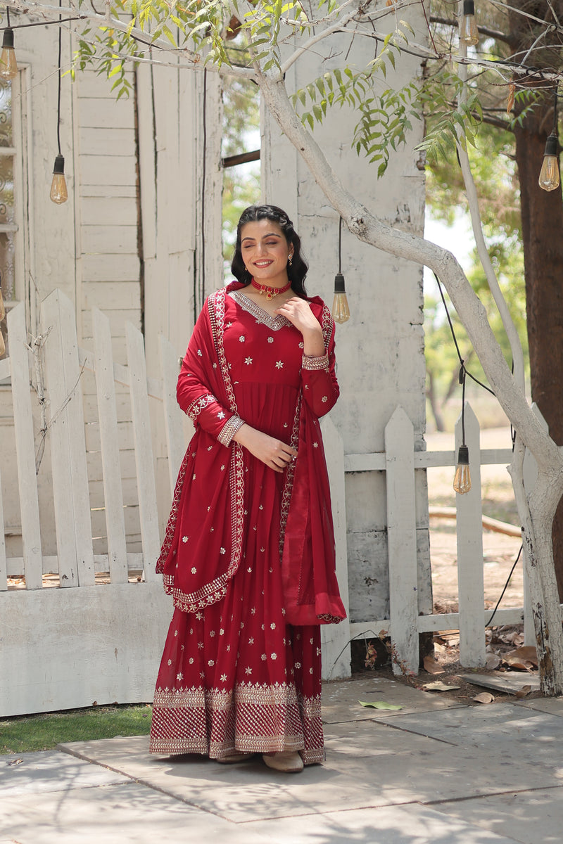 Faux Blooming Maroon Gown with Sequins & Arco-Cut Work Dupatta – Elegant Full-Sleeve Flair