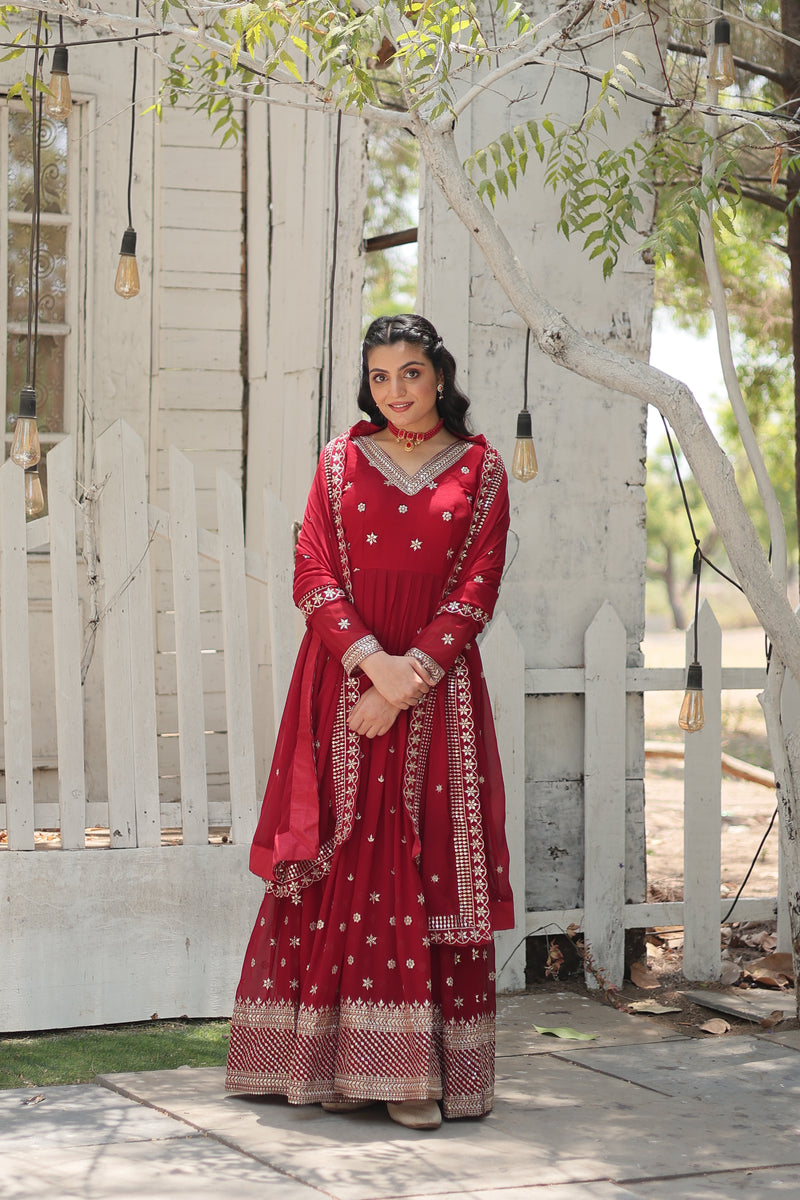 Faux Blooming Maroon Gown with Sequins & Arco-Cut Work Dupatta – Elegant Full-Sleeve Flair