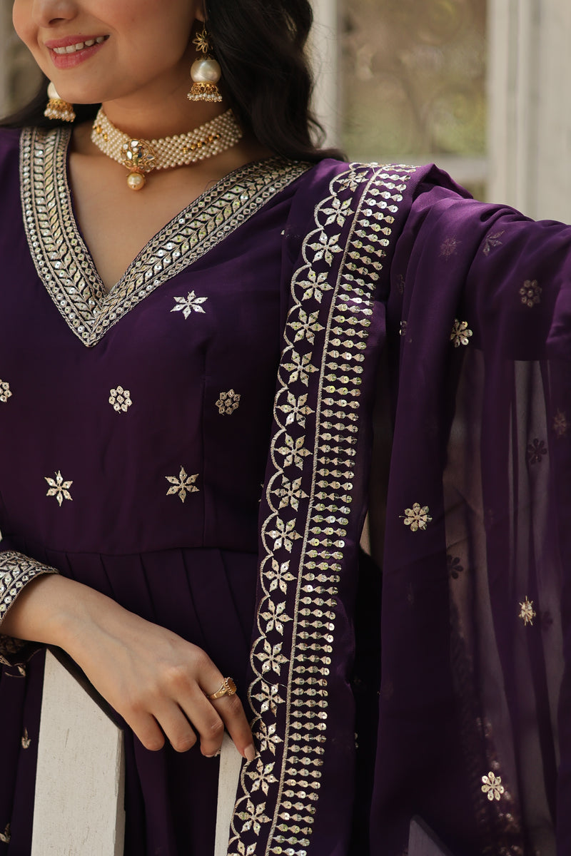 Faux Blooming Purple Gown with Sequins & Arco-Cut Work Dupatta – Elegant Full-Sleeve Flair