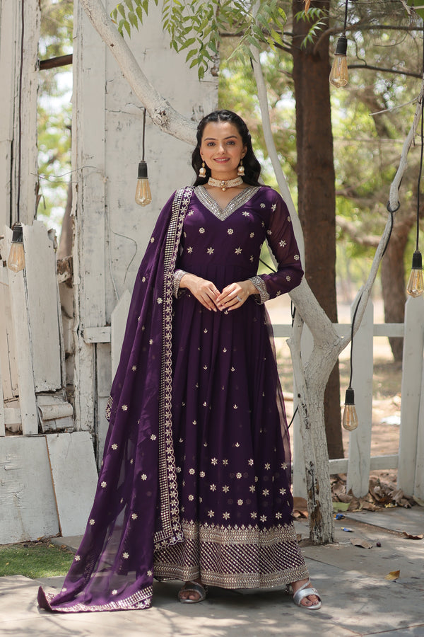 Faux Blooming Purple Gown with Sequins & Arco-Cut Work Dupatta – Elegant Full-Sleeve Flair