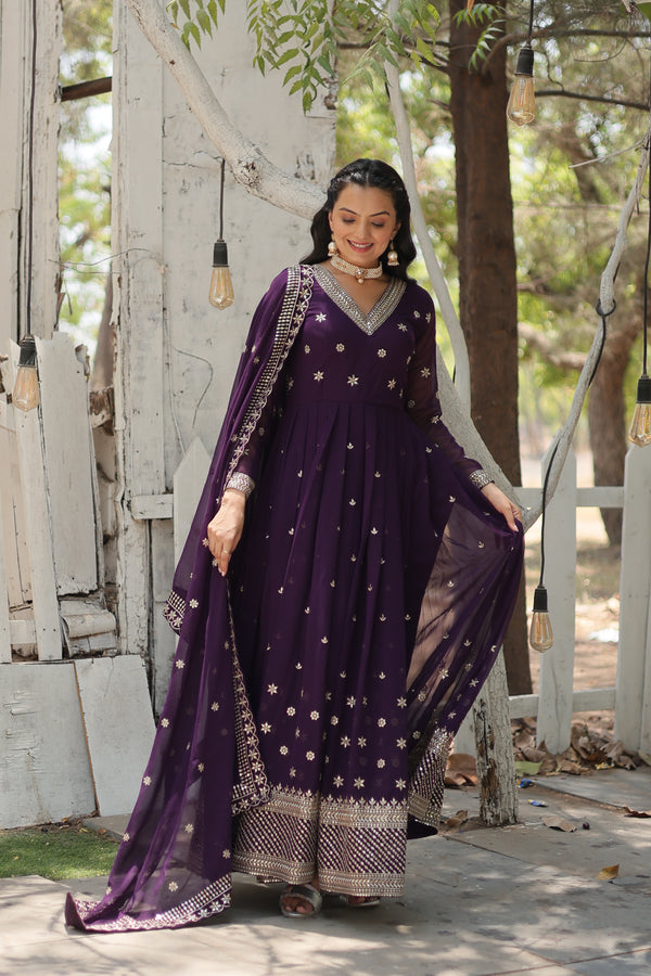 Faux Blooming Purple Gown with Sequins & Arco-Cut Work Dupatta – Elegant Full-Sleeve Flair