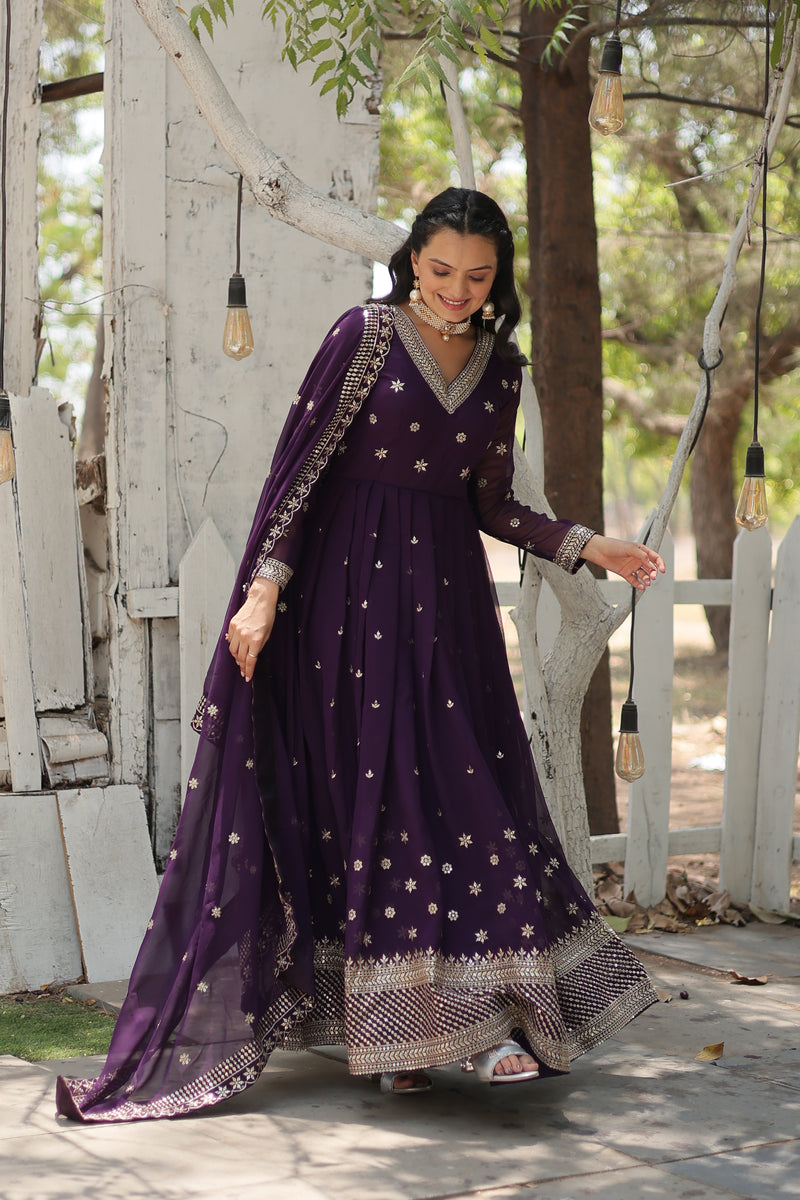 Faux Blooming Purple Gown with Sequins & Arco-Cut Work Dupatta – Elegant Full-Sleeve Flair