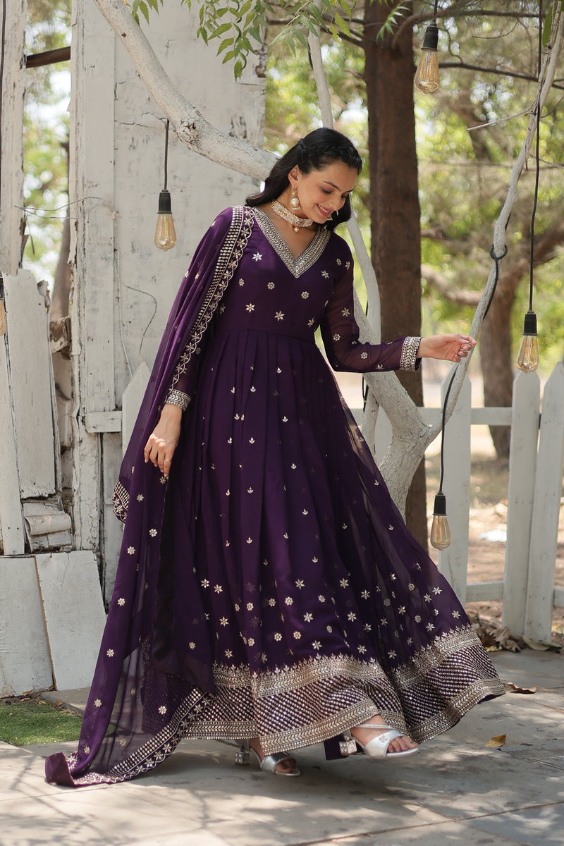 Faux Blooming Purple Gown with Sequins & Arco-Cut Work Dupatta – Elegant Full-Sleeve Flair