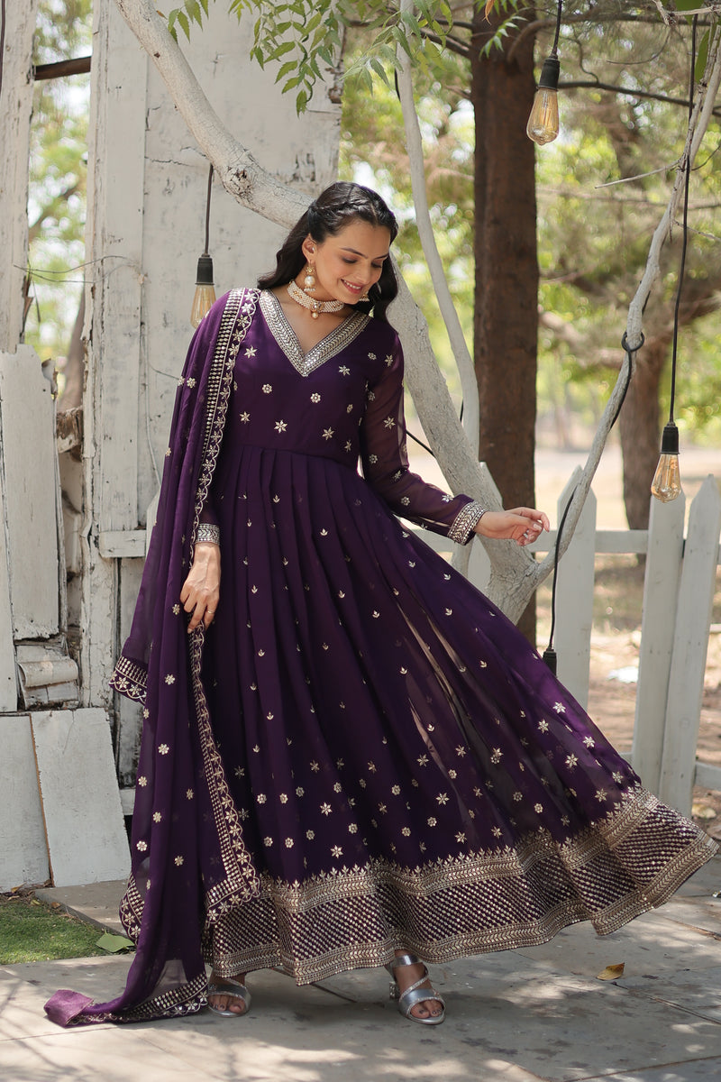 Faux Blooming Purple Gown with Sequins & Arco-Cut Work Dupatta – Elegant Full-Sleeve Flair