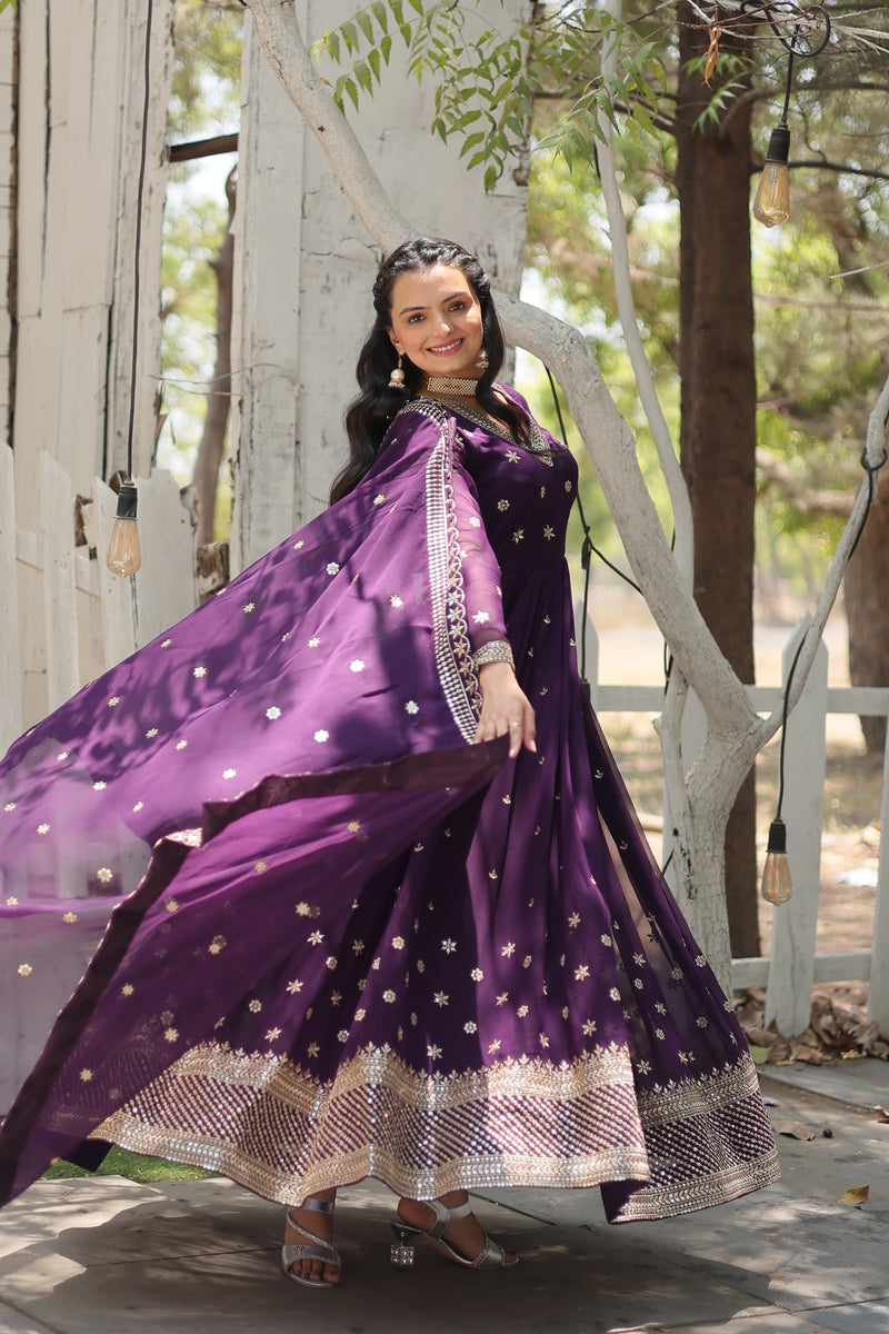 Faux Blooming Purple Gown with Sequins & Arco-Cut Work Dupatta – Elegant Full-Sleeve Flair