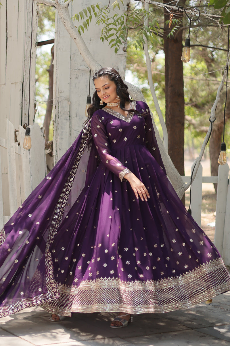 Faux Blooming Purple Gown with Sequins & Arco-Cut Work Dupatta – Elegant Full-Sleeve Flair