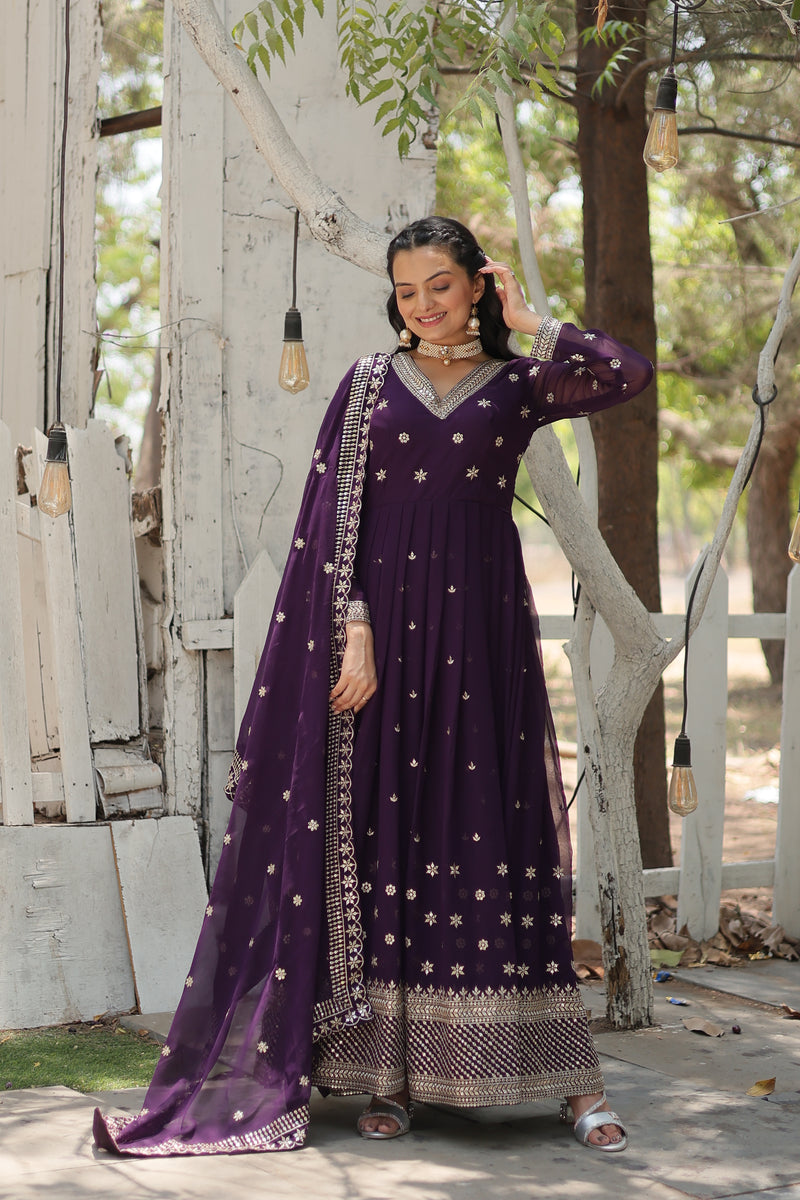 Faux Blooming Purple Gown with Sequins & Arco-Cut Work Dupatta – Elegant Full-Sleeve Flair