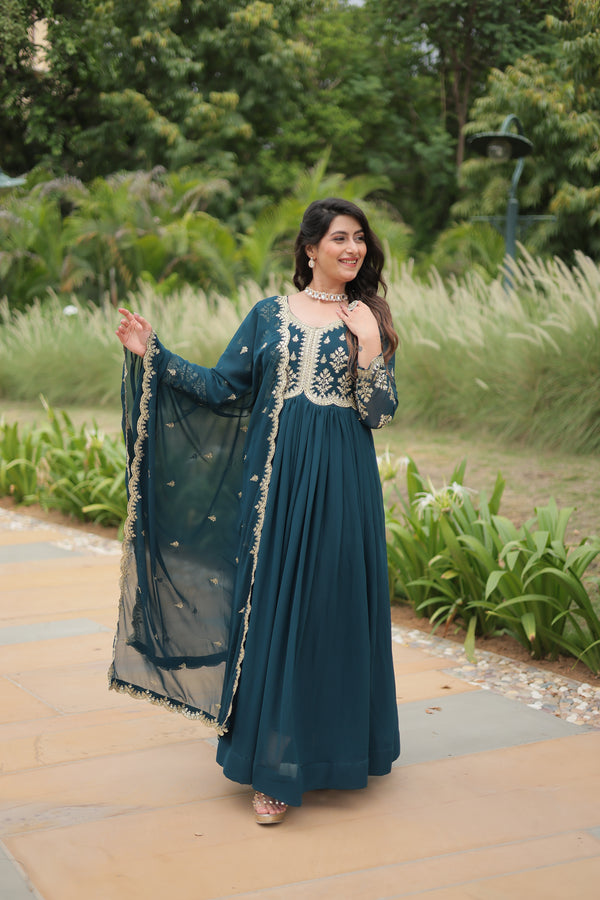 Faux Blooming Rama Gown with Sequins-Multi & Zari Embroidered Dupatta – Elegant Full-Sleeve Flair