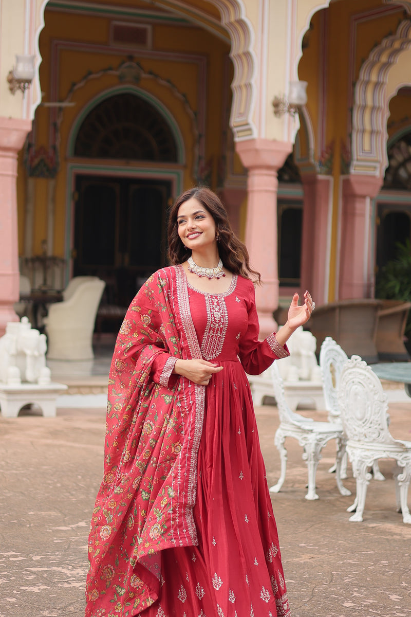 Chinon Red Gown with Sequins Embroidered Work & Kalamkari Silk Dupatta – Stunning Full-Sleeve Flair