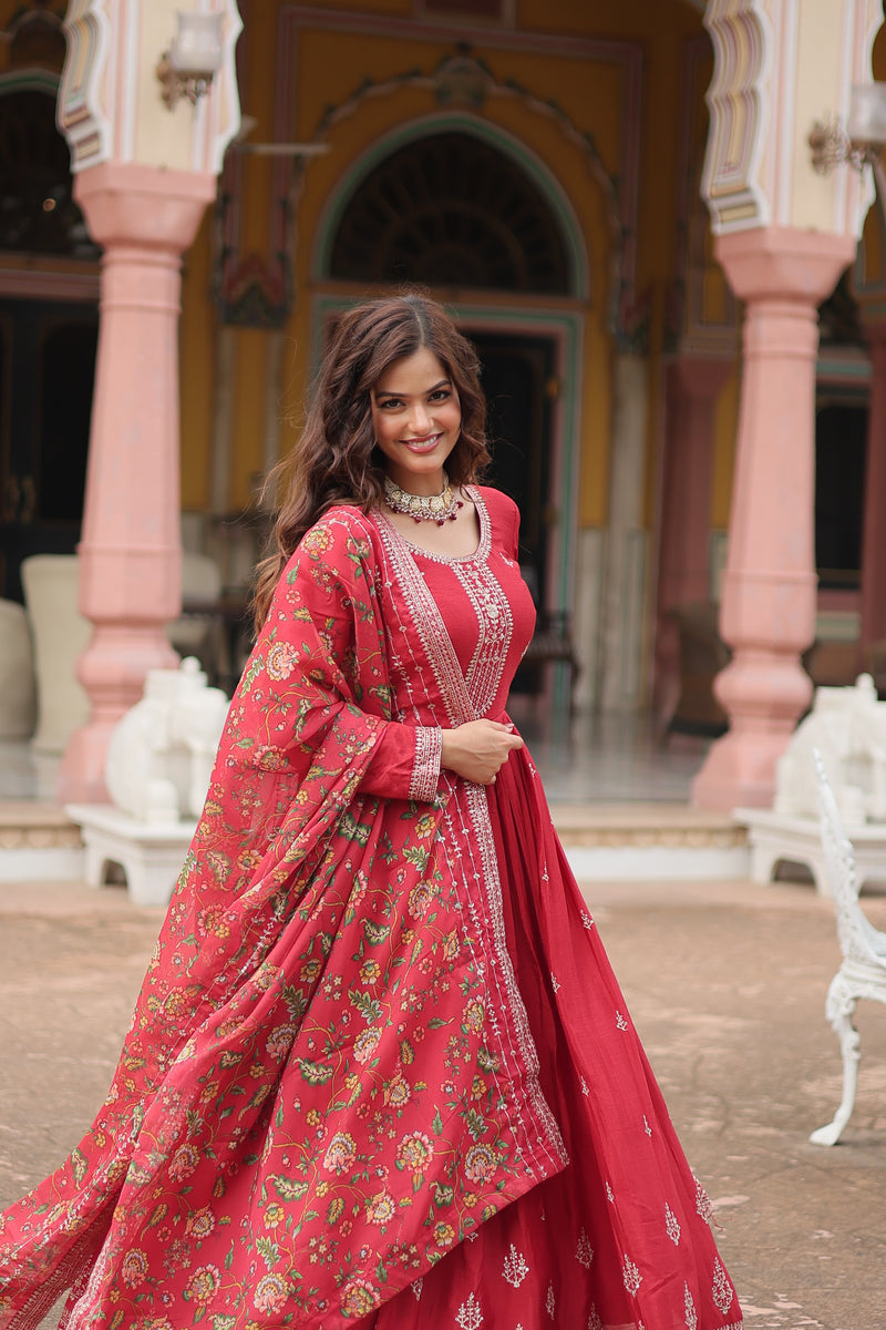 Chinon Red Gown with Sequins Embroidered Work & Kalamkari Silk Dupatta – Stunning Full-Sleeve Flair