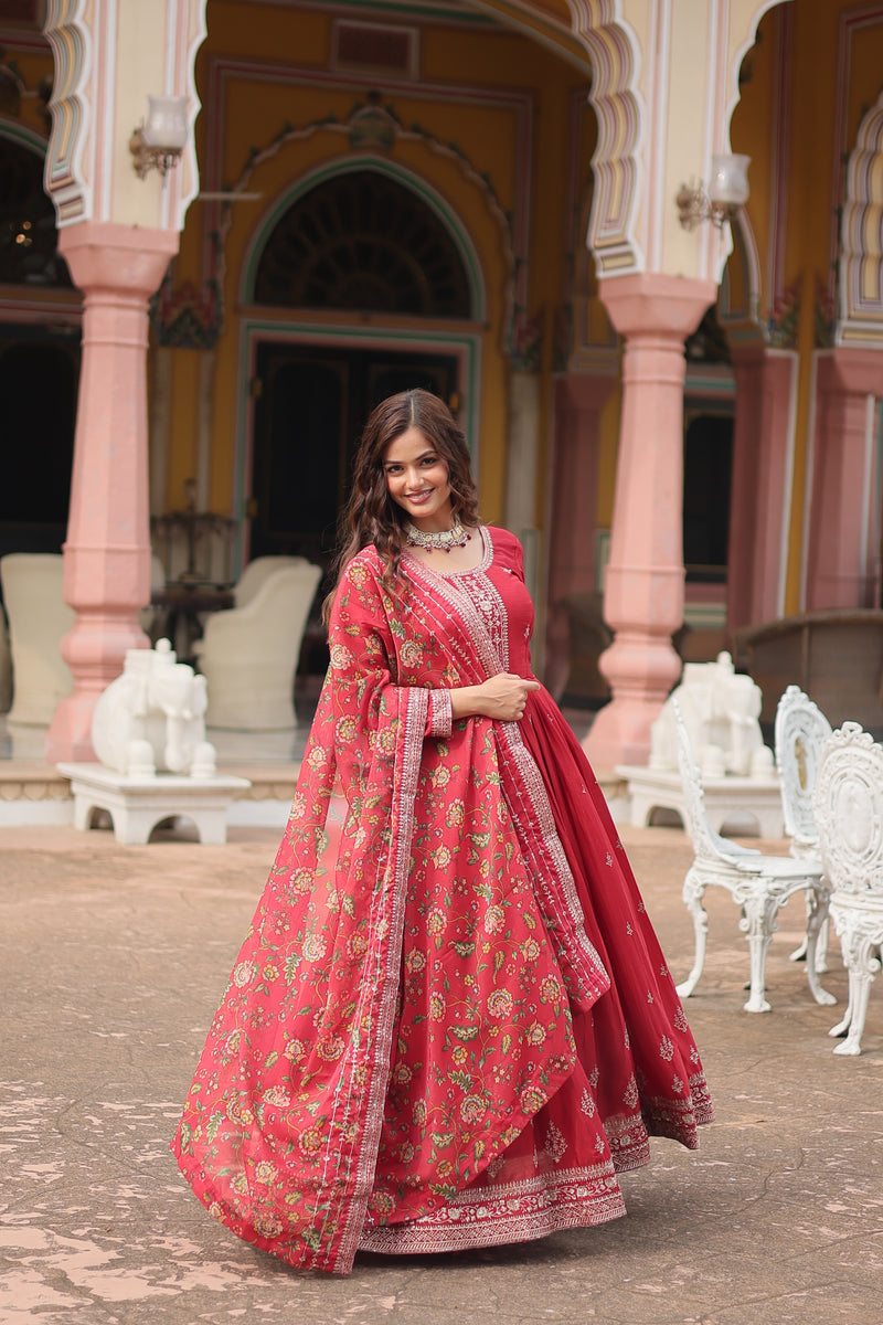 Chinon Red Gown with Sequins Embroidered Work & Kalamkari Silk Dupatta – Stunning Full-Sleeve Flair