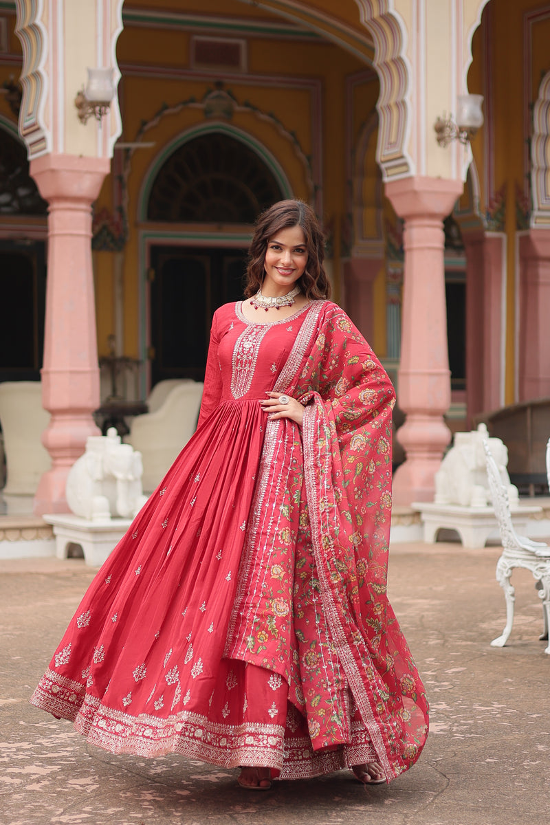 Chinon Red Gown with Sequins Embroidered Work & Kalamkari Silk Dupatta – Stunning Full-Sleeve Flair