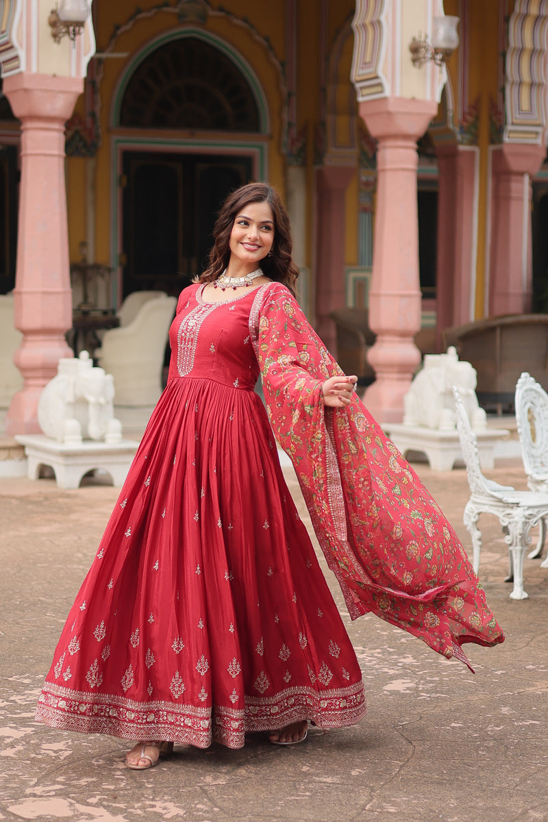 Chinon Red Gown with Sequins Embroidered Work & Kalamkari Silk Dupatta – Stunning Full-Sleeve Flair