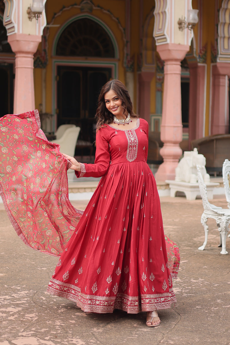 Chinon Red Gown with Sequins Embroidered Work & Kalamkari Silk Dupatta – Stunning Full-Sleeve Flair