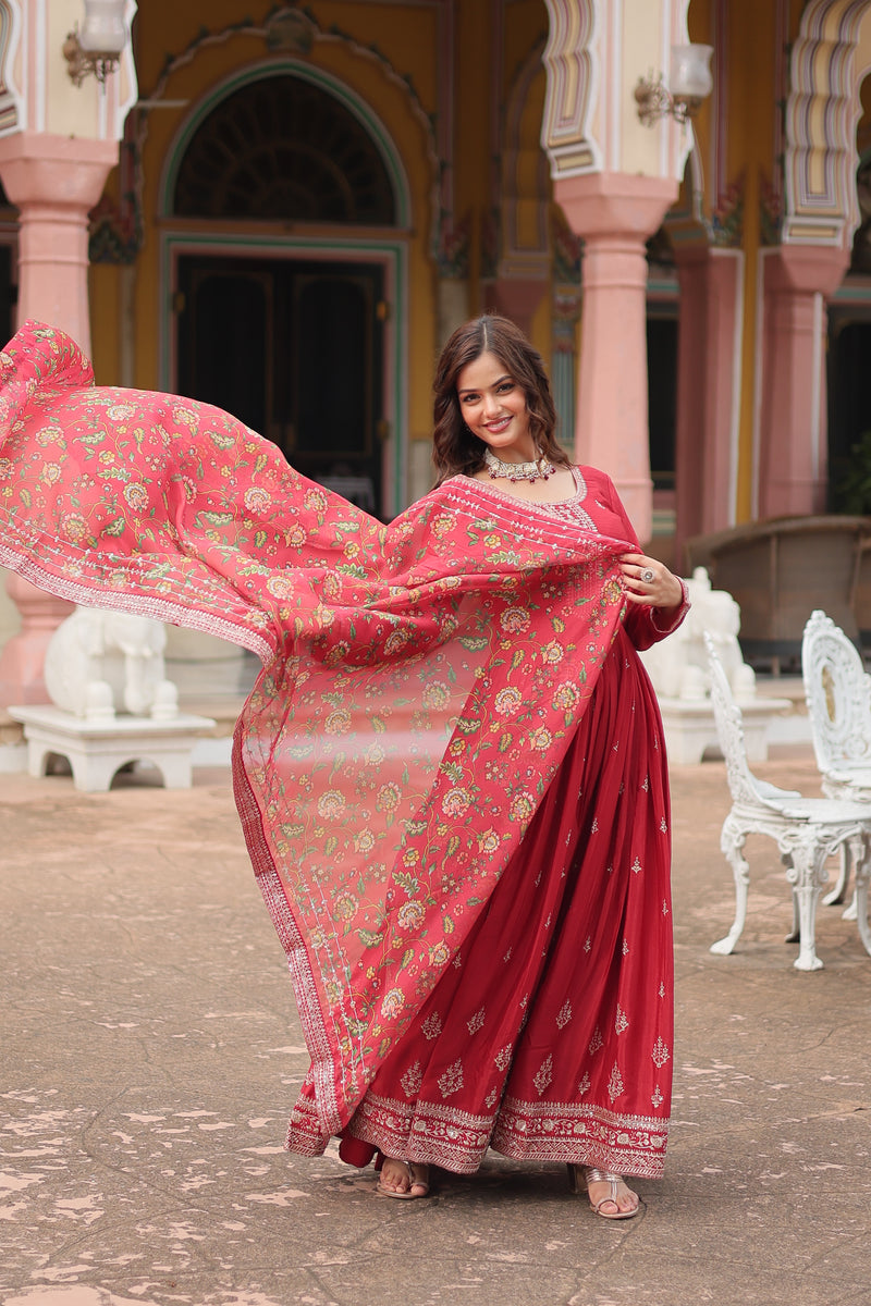 Chinon Red Gown with Sequins Embroidered Work & Kalamkari Silk Dupatta – Stunning Full-Sleeve Flair