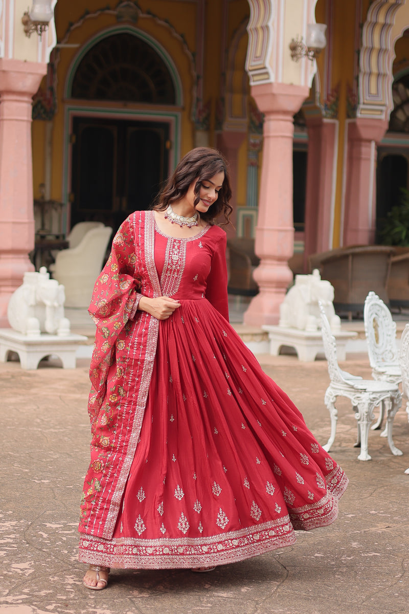 Chinon Red Gown with Sequins Embroidered Work & Kalamkari Silk Dupatta – Stunning Full-Sleeve Flair