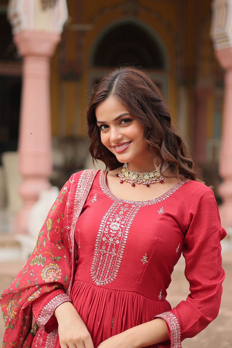 Chinon Red Gown with Sequins Embroidered Work & Kalamkari Silk Dupatta – Stunning Full-Sleeve Flair