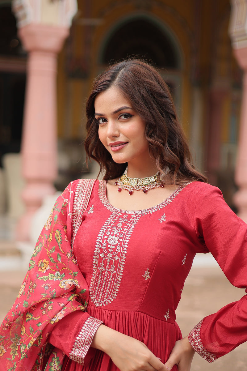 Chinon Red Gown with Sequins Embroidered Work & Kalamkari Silk Dupatta – Stunning Full-Sleeve Flair