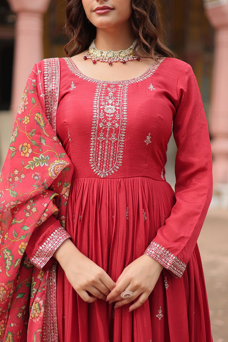 Chinon Red Gown with Sequins Embroidered Work & Kalamkari Silk Dupatta – Stunning Full-Sleeve Flair