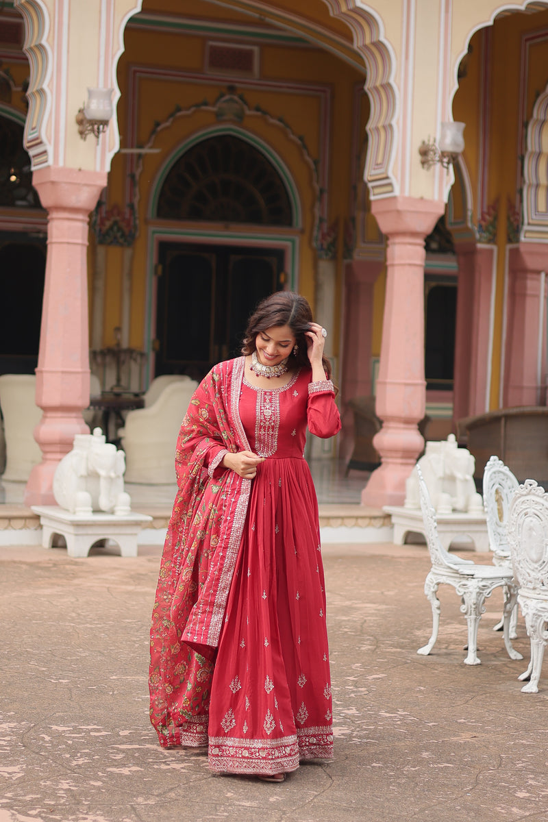 Chinon Red Gown with Sequins Embroidered Work & Kalamkari Silk Dupatta – Stunning Full-Sleeve Flair