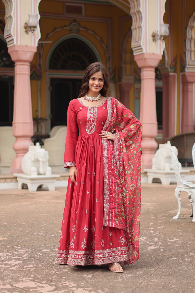 Chinon Red Gown with Sequins Embroidered Work & Kalamkari Silk Dupatta – Stunning Full-Sleeve Flair