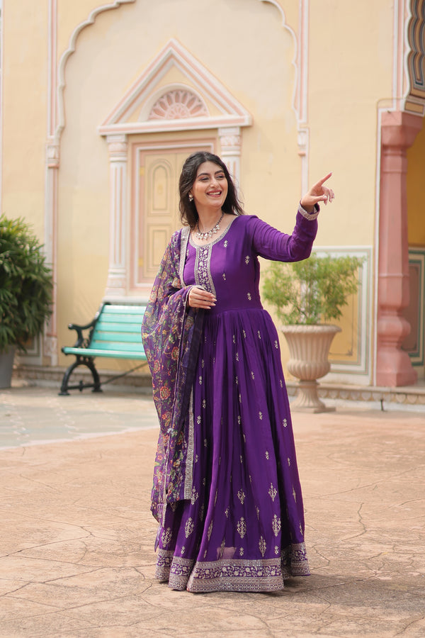 Chinon Purple Gown with Sequins Embroidered Work & Kalamkari Silk Dupatta – Stunning Full-Sleeve Flair