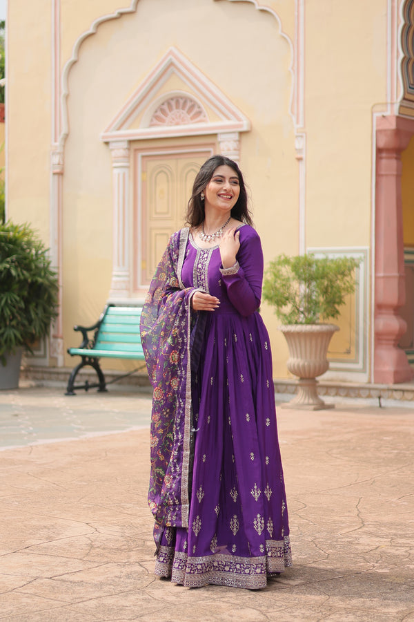 Chinon Purple Gown with Sequins Embroidered Work & Kalamkari Silk Dupatta – Stunning Full-Sleeve Flair