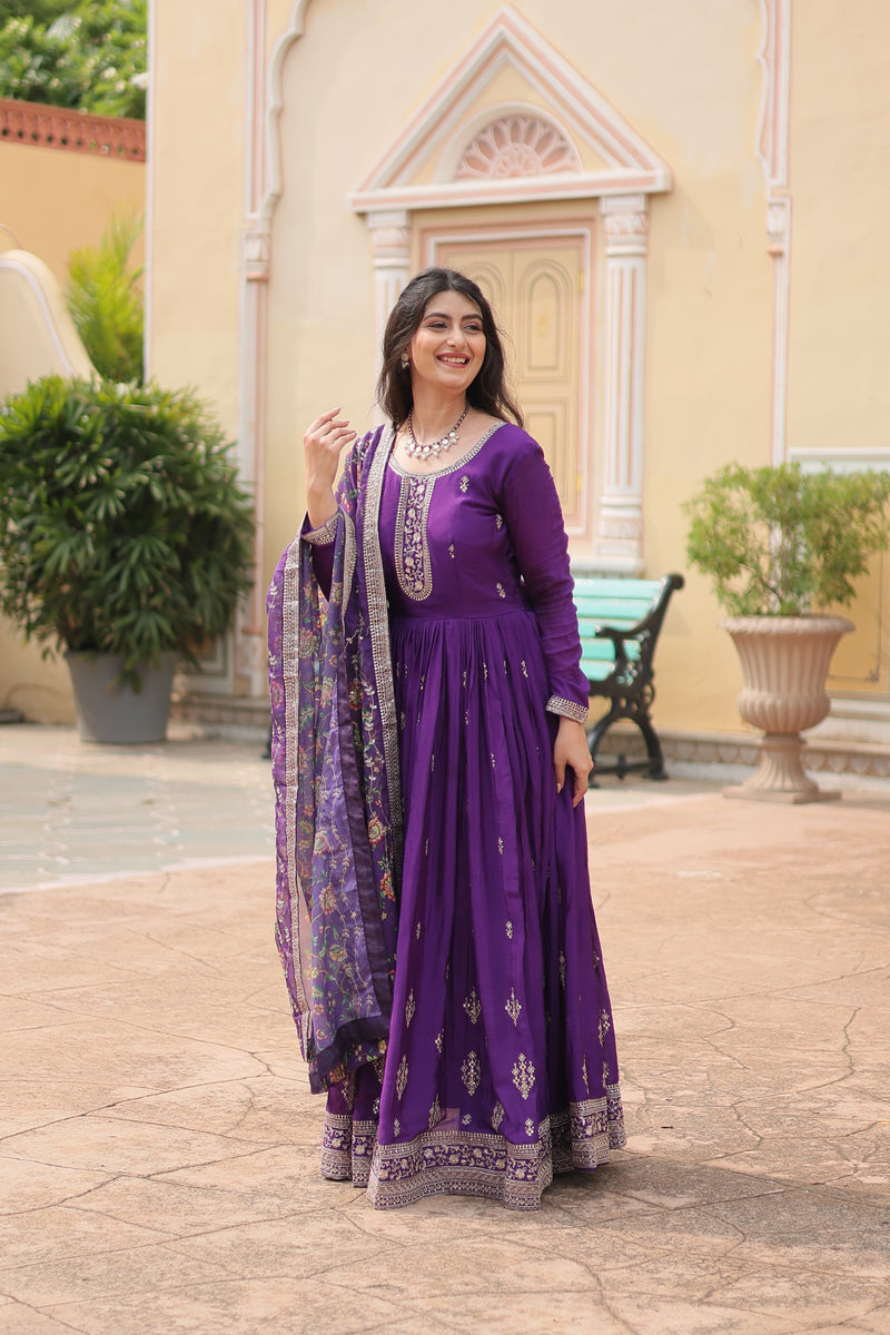 Chinon Purple Gown with Sequins Embroidered Work & Kalamkari Silk Dupatta – Stunning Full-Sleeve Flair