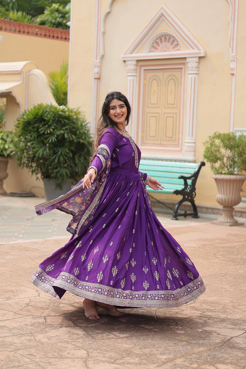 Chinon Purple Gown with Sequins Embroidered Work & Kalamkari Silk Dupatta – Stunning Full-Sleeve Flair