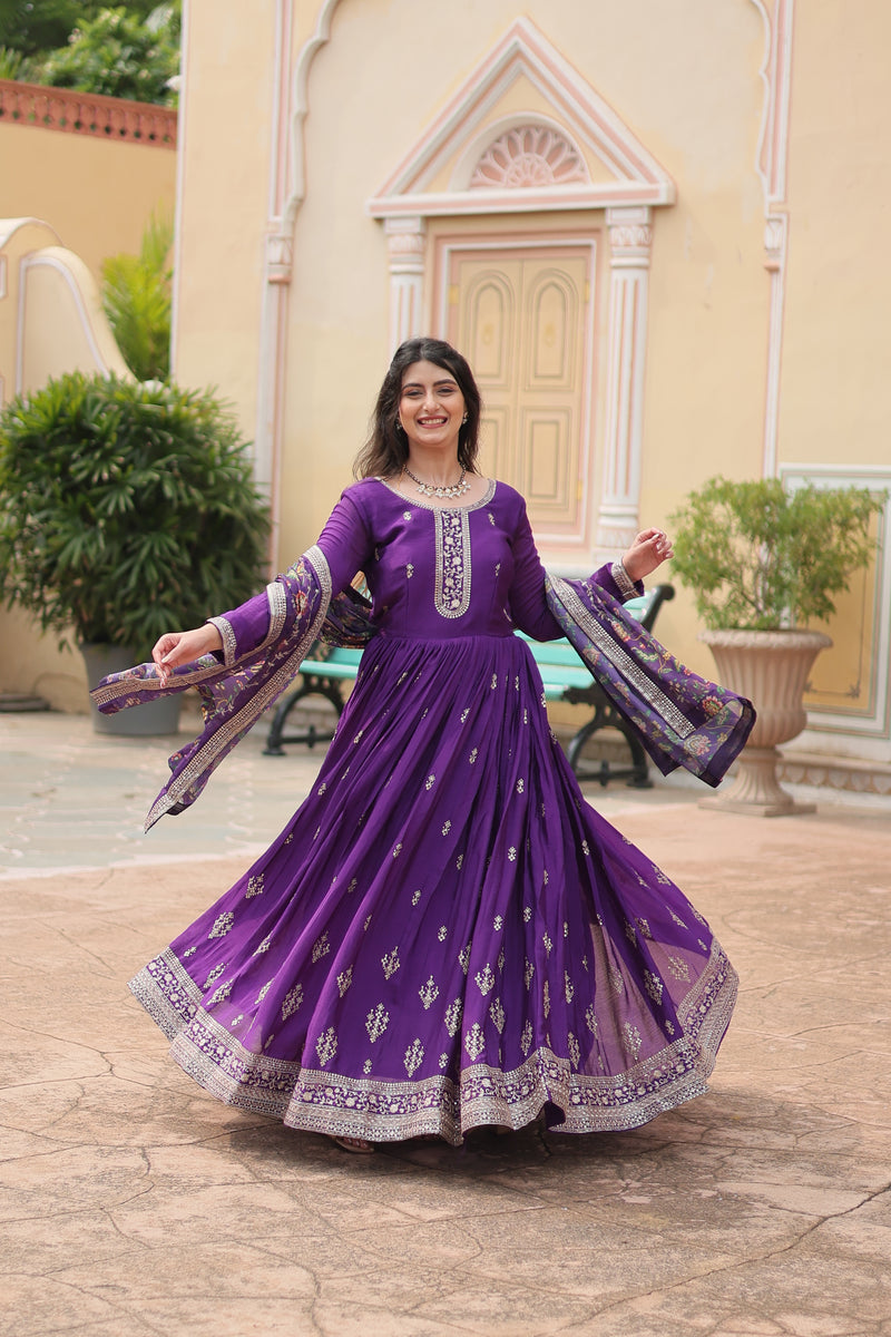 Chinon Purple Gown with Sequins Embroidered Work & Kalamkari Silk Dupatta – Stunning Full-Sleeve Flair