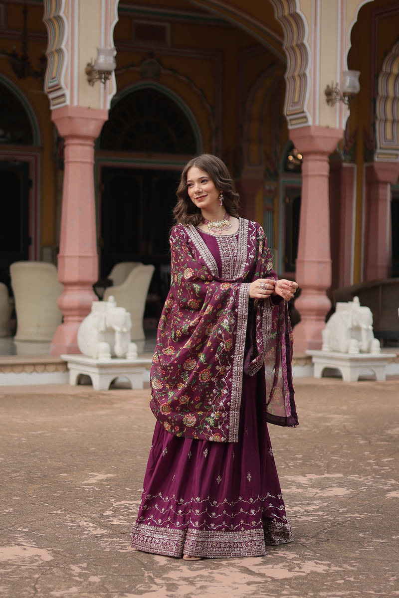 Chinon Wine Gown with Sequins Embroidered Work & Kalamkari Silk Dupatta – Stunning Full-Sleeve Flair