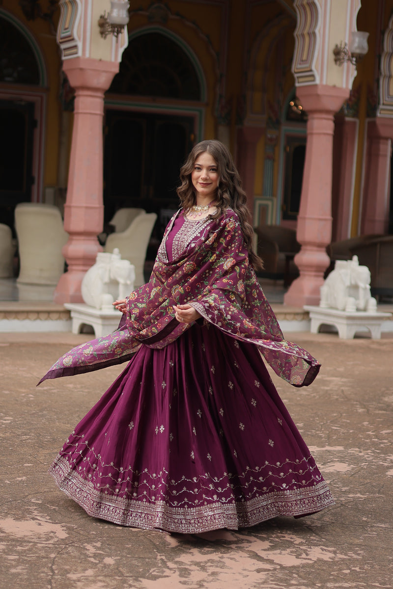 Chinon Wine Gown with Sequins Embroidered Work & Kalamkari Silk Dupatta – Stunning Full-Sleeve Flair