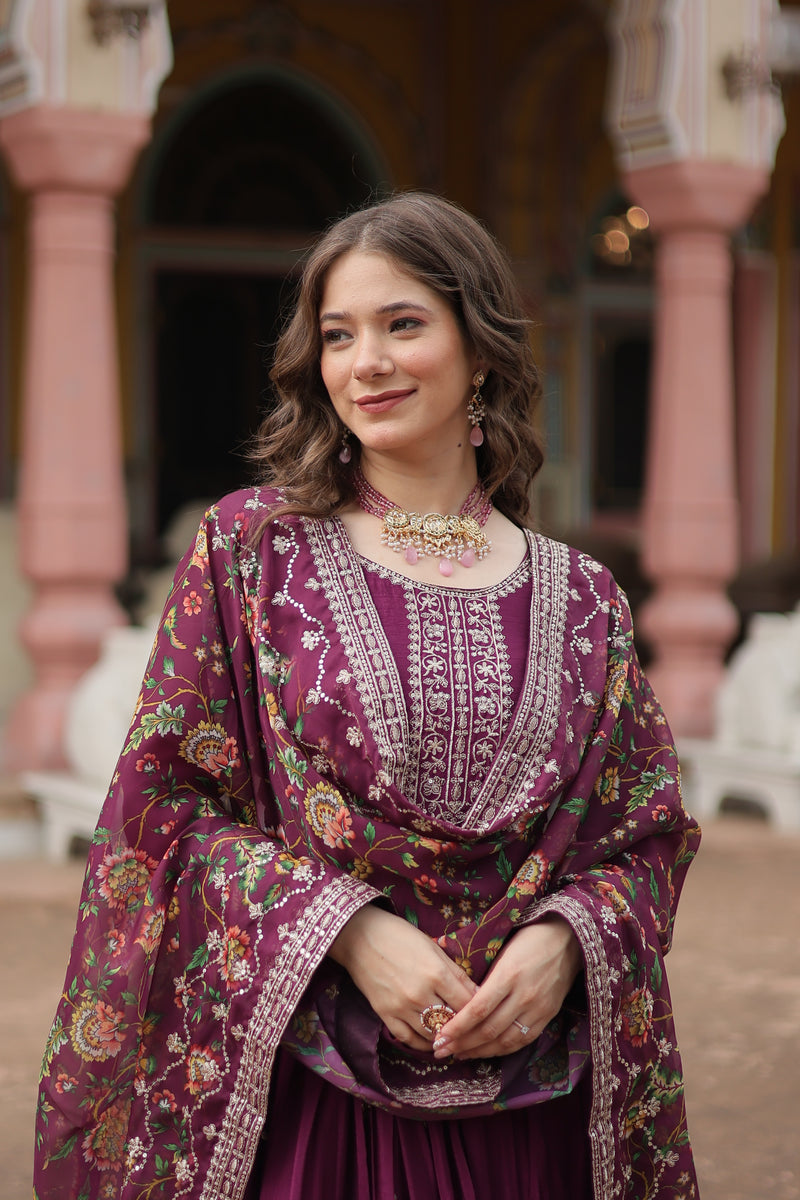 Chinon Wine Gown with Sequins Embroidered Work & Kalamkari Silk Dupatta – Stunning Full-Sleeve Flair