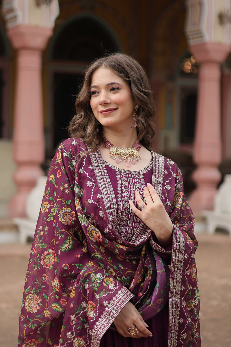 Chinon Wine Gown with Sequins Embroidered Work & Kalamkari Silk Dupatta – Stunning Full-Sleeve Flair