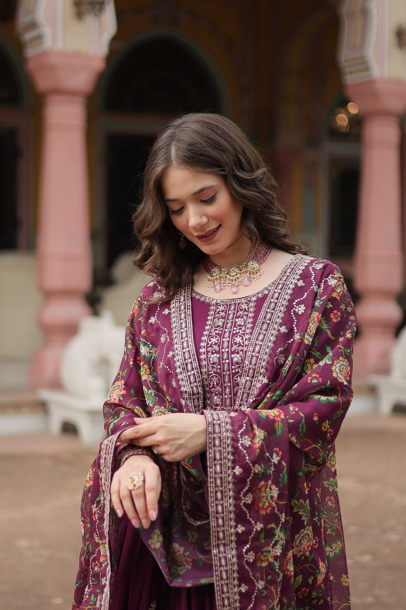 Chinon Wine Gown with Sequins Embroidered Work & Kalamkari Silk Dupatta – Stunning Full-Sleeve Flair