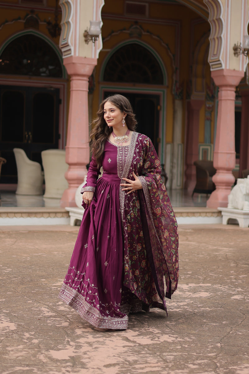 Chinon Wine Gown with Sequins Embroidered Work & Kalamkari Silk Dupatta – Stunning Full-Sleeve Flair