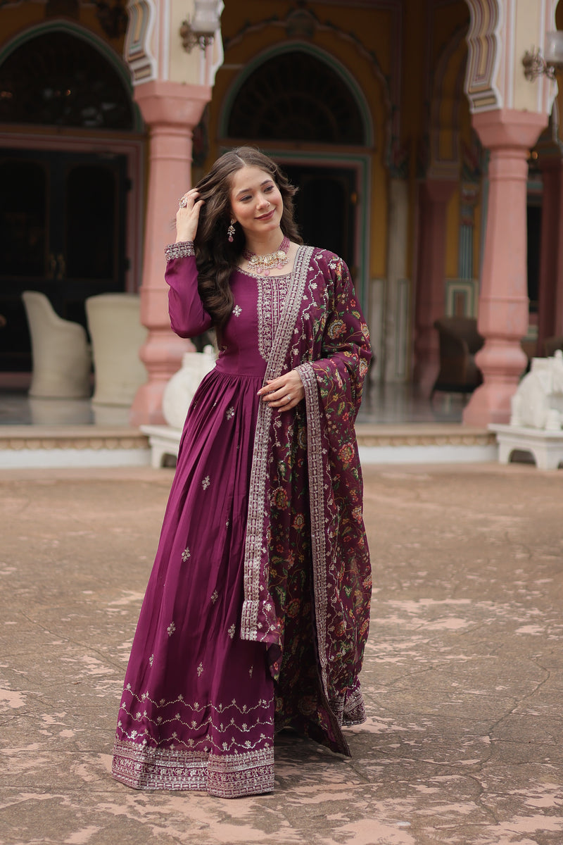 Chinon Wine Gown with Sequins Embroidered Work & Kalamkari Silk Dupatta – Stunning Full-Sleeve Flair