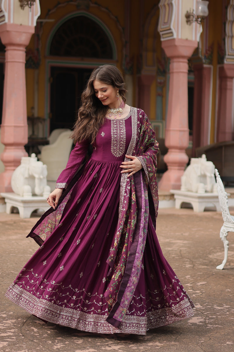 Chinon Wine Gown with Sequins Embroidered Work & Kalamkari Silk Dupatta – Stunning Full-Sleeve Flair