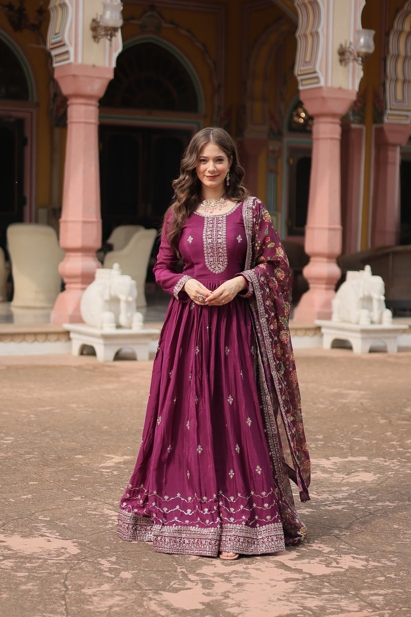 Chinon Wine Gown with Sequins Embroidered Work & Kalamkari Silk Dupatta – Stunning Full-Sleeve Flair