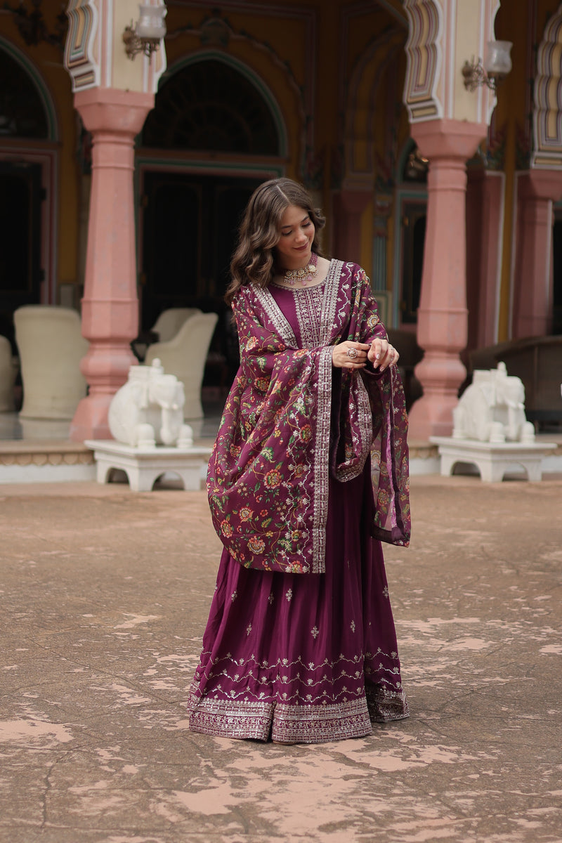 Chinon Wine Gown with Sequins Embroidered Work & Kalamkari Silk Dupatta – Stunning Full-Sleeve Flair