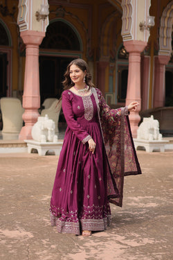 Chinon Wine Gown with Sequins Embroidered Work & Kalamkari Silk Dupatta – Stunning Full-Sleeve Flair