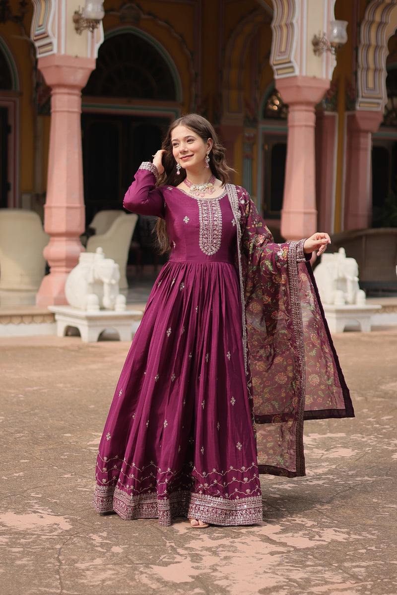 Chinon Wine Gown with Sequins Embroidered Work & Kalamkari Silk Dupatta – Stunning Full-Sleeve Flair