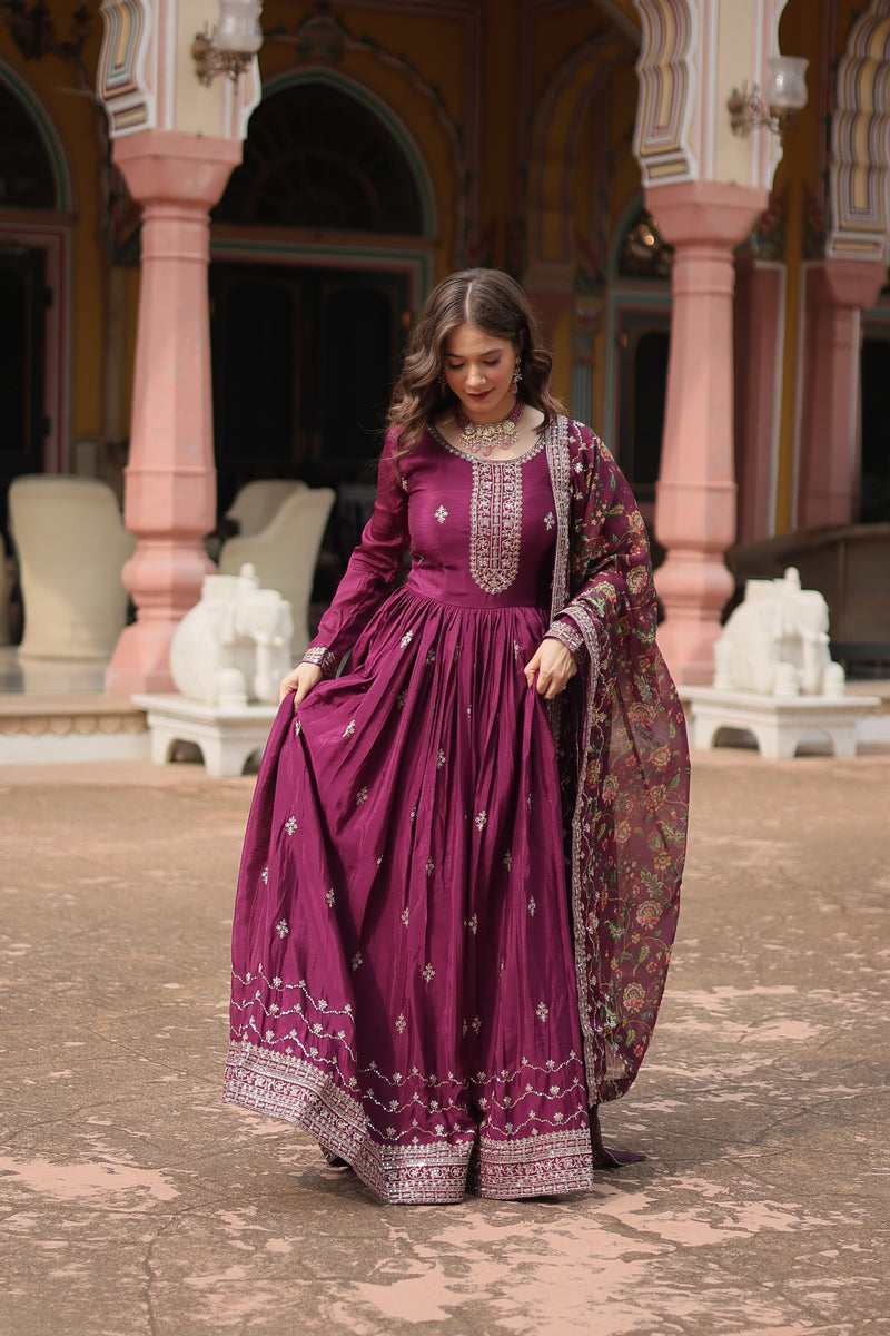 Chinon Wine Gown with Sequins Embroidered Work & Kalamkari Silk Dupatta – Stunning Full-Sleeve Flair