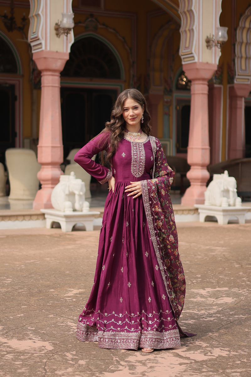 Chinon Wine Gown with Sequins Embroidered Work & Kalamkari Silk Dupatta – Stunning Full-Sleeve Flair