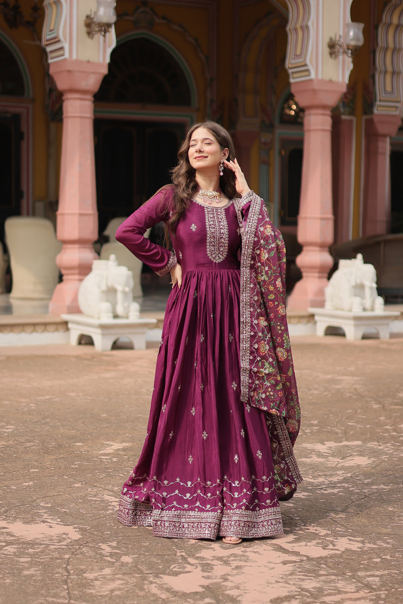 Chinon Wine Gown with Sequins Embroidered Work & Kalamkari Silk Dupatta – Stunning Full-Sleeve Flair