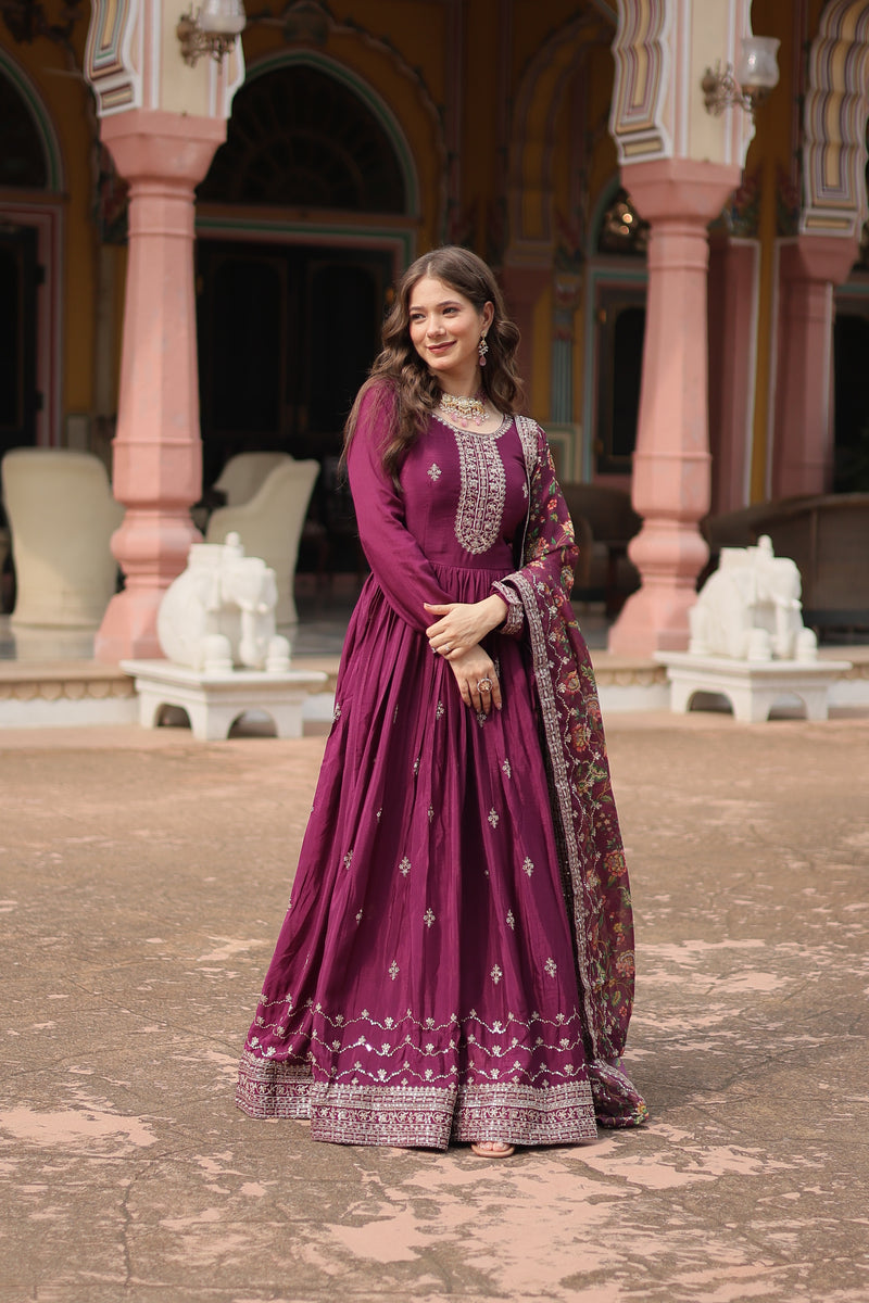 Chinon Wine Gown with Sequins Embroidered Work & Kalamkari Silk Dupatta – Stunning Full-Sleeve Flair