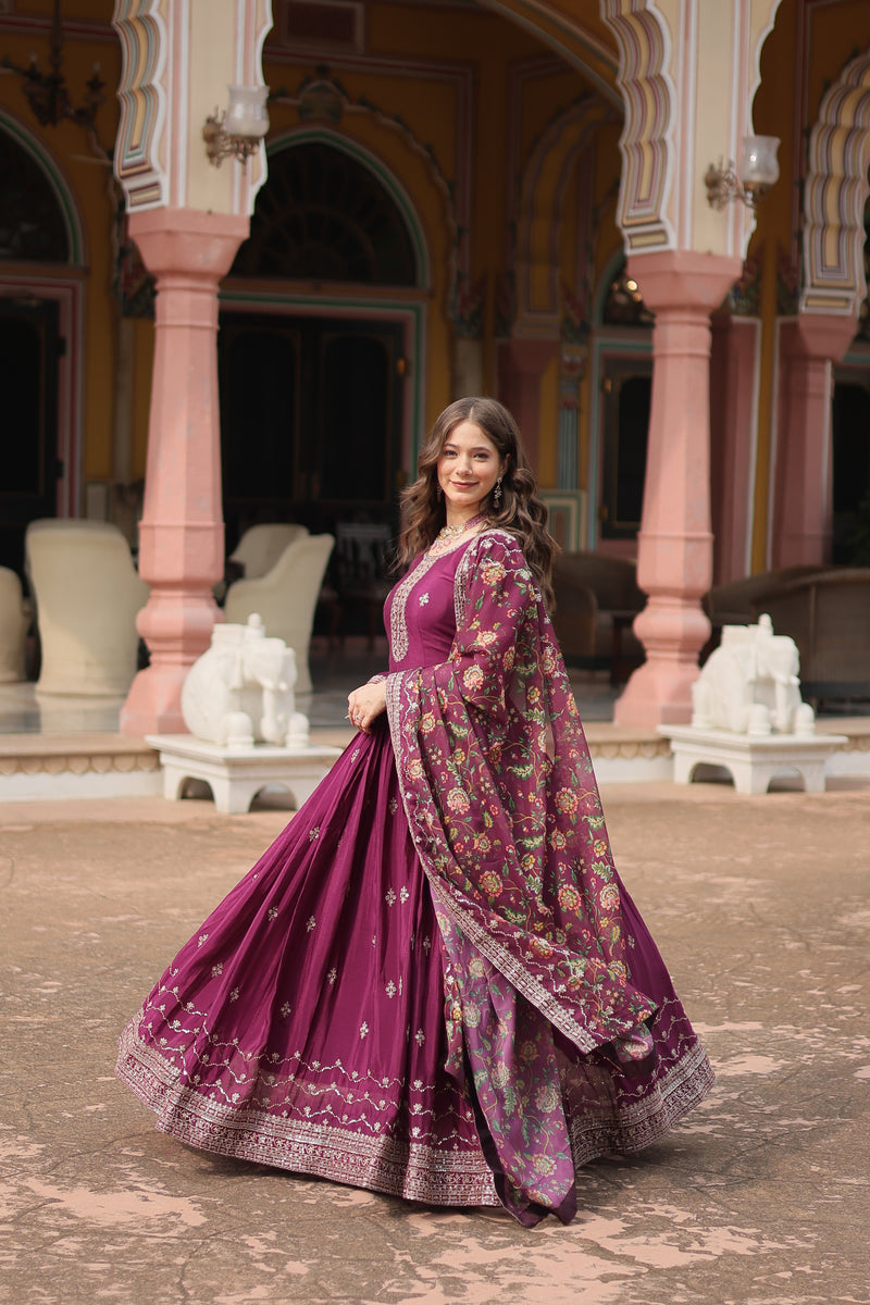 Chinon Wine Gown with Sequins Embroidered Work & Kalamkari Silk Dupatta – Stunning Full-Sleeve Flair